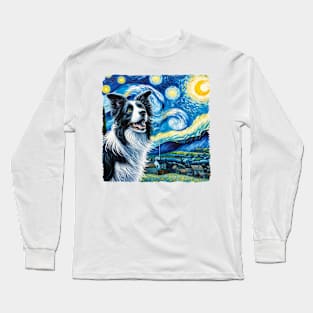 Starry Border Collie Dog Portrait - Pet Portrait Long Sleeve T-Shirt